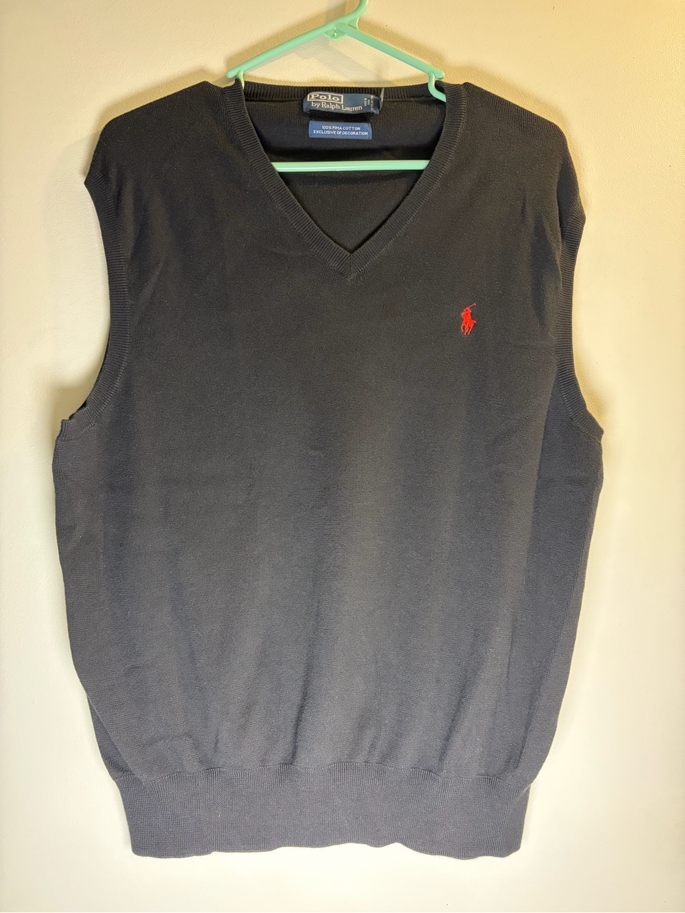 Vintage Ralph Lauren Men's Black V-Neck Sweater Vest with Red Pony Logo Y2K